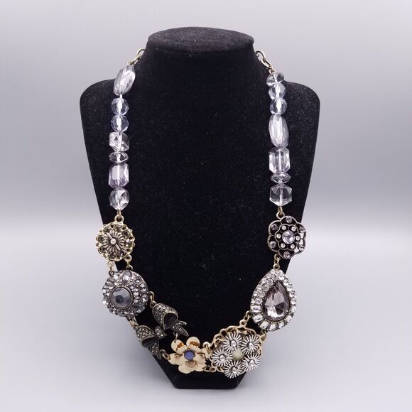 Lane Bryant Chunky Necklace Multi Tone Statement Smokey Beads Rhinestones - Picture 1 of 7